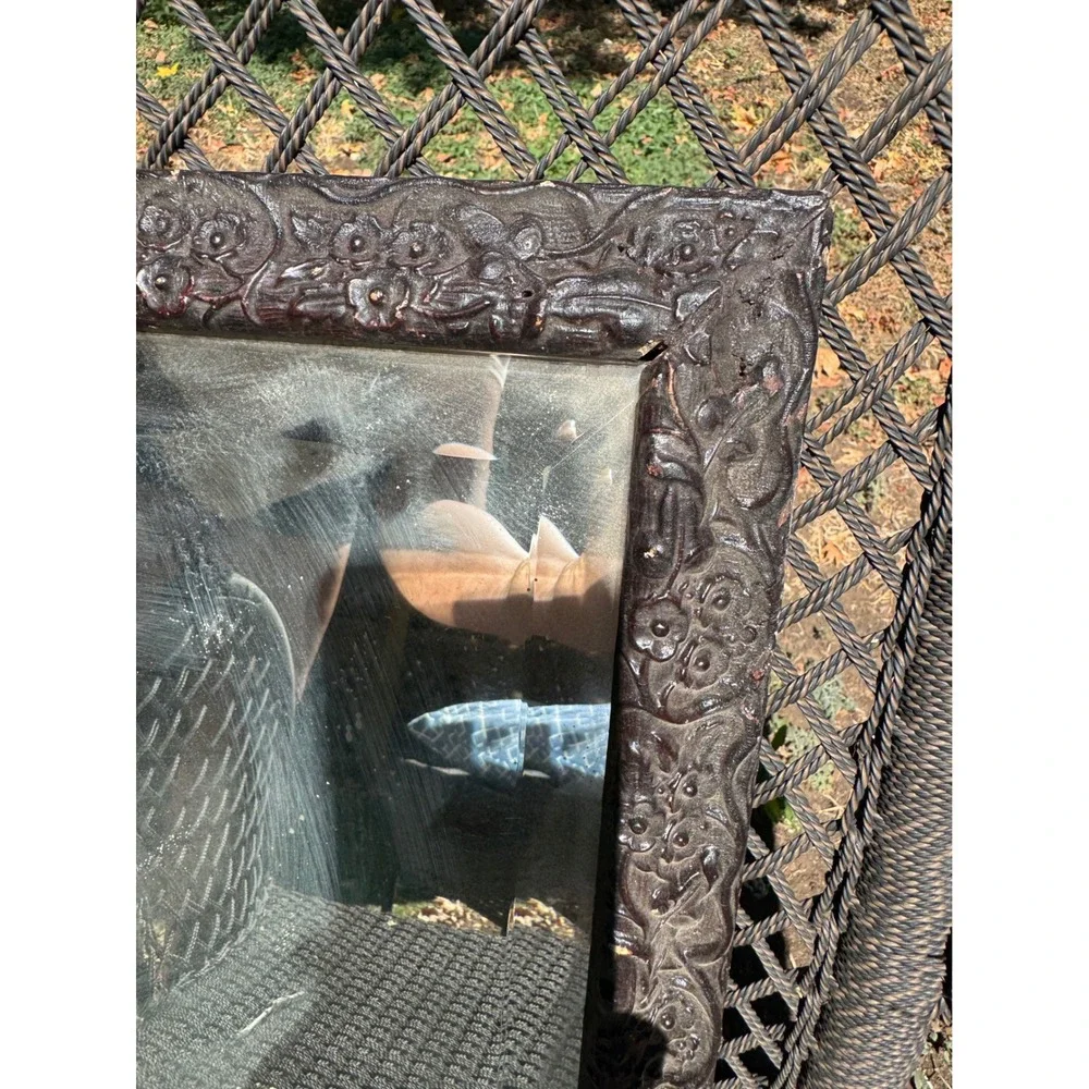 Antique Style Embossed Floral Frame Beveled Glass Wall Mirror Dark Brown 12x15